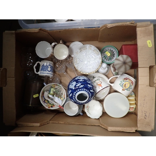 307 - Three boxes of stoneware Jars, Commemorative Cups, Glassware, etc. (R5)