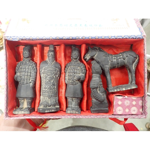 313 - A cut glass Vase, two Lamps, a brass Oil Lamp and a boxed set of Terracotta Army Figures (R5)