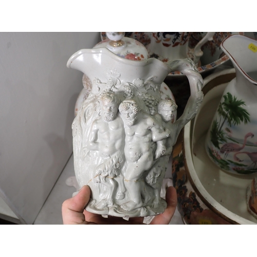 322 - A ceramic Footbath, five Jugs, lidded Vase, Jardinere, etc. (all A/F) (R5)