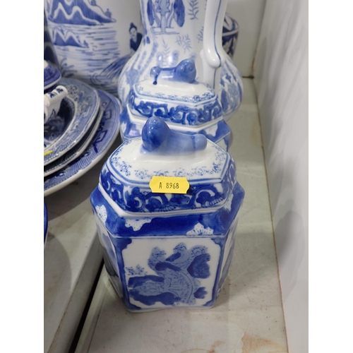 325 - A quantity of blue and white China including two pairs of modern Chinese Jars and Covers, Jug, Abbey... 