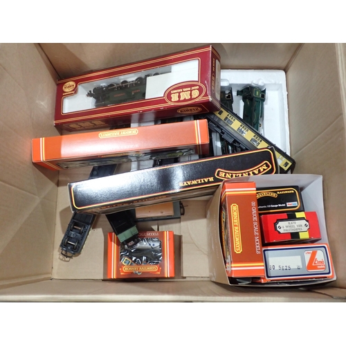 367 - Two boxes containing Models including a GMR Prairie Tank Engine, boxed, Hornby Coaches, Mode Cars, L... 