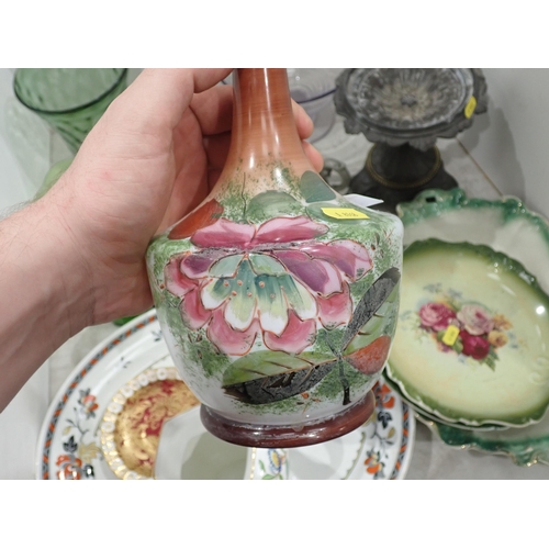 369 - A metal Comport, a painted glass Vase, a quantity of green and other glass, Plates etc