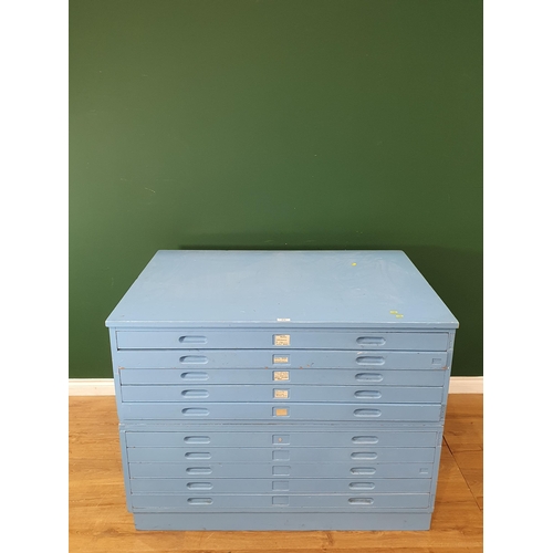 479 - A blue painted Plan Chest fitted ten drawers, splits in half 4ft W x 3ft 1in H (R3)