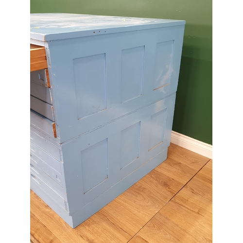 479 - A blue painted Plan Chest fitted ten drawers, splits in half 4ft W x 3ft 1in H (R3)