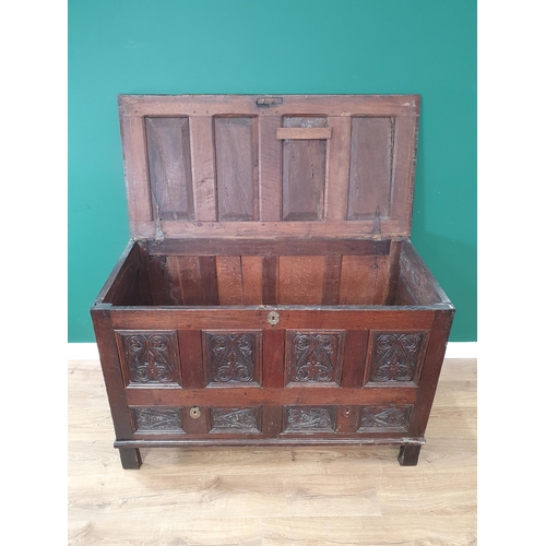 480 - An early 18th Century Mule Chest with carved four panel front above two drawers 4ft 2in W x 2ft 9in ... 