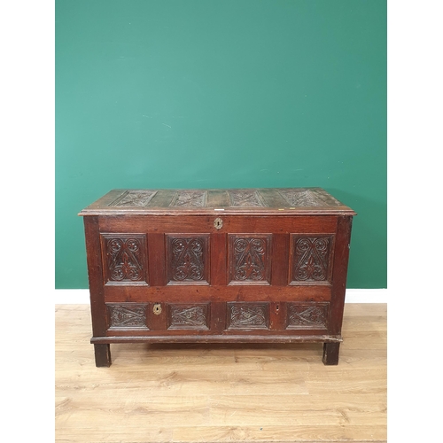 480 - An early 18th Century Mule Chest with carved four panel front above two drawers 4ft 2in W x 2ft 9in ... 