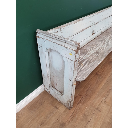 481 - A grey painted pine Church Pew 8ft 8in L x 2ft 8in H (R3)