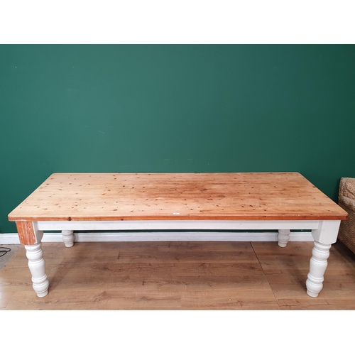 482 - A pine scrub top Farmhouse Table on white painted base with turned supports 7ft 11in L x 2ft 7in H (... 