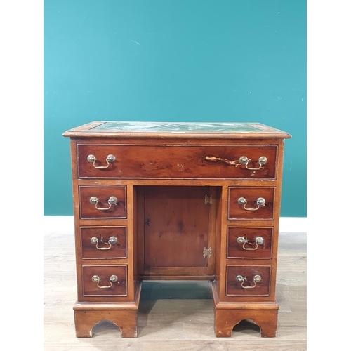 490 - A reproduction yew wood veneered Kneehole Desk fitted seven drawers A/F 2ft 6in W x 2ft 6in H (R4)