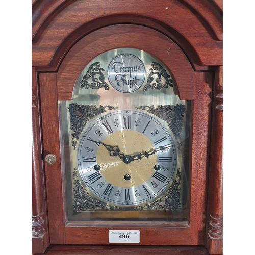 496 - A mahogany Grandmother Clock with arched dial and silvered chapter ring 4ft 11in H x 1ft 1in W (R3)