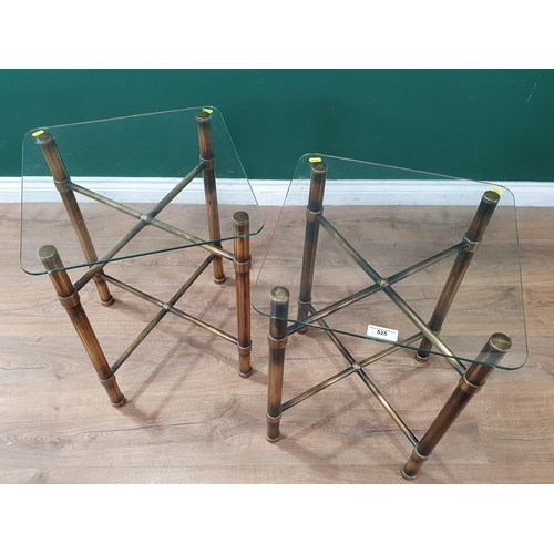 525 - A pair of glass topped Occasional Tables on brass bases 1ft 11in H x 1ft 5in W (R3)