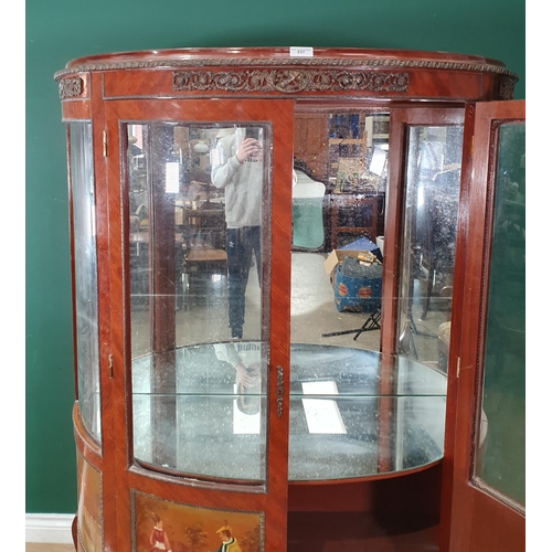 537 - A French kingwood veneered bow fronted Vitrine with painted panels of figures on cabriole supports 5... 