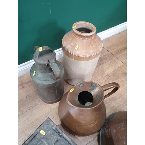 541 - A stoneware Jar, a copper Measure, a copper Churn, lidded Jug, three Fire Starters and an Ammunition... 