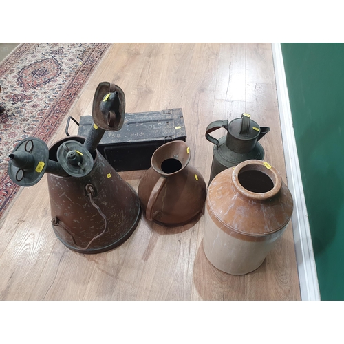 541 - A stoneware Jar, a copper Measure, a copper Churn, lidded Jug, three Fire Starters and an Ammunition... 