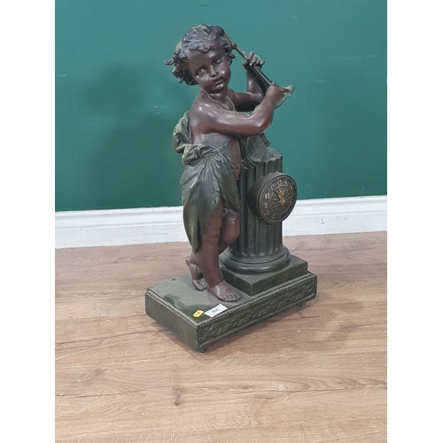 555 - A bronze effect Mantle Clock with cherub 2ft H x 1ft 1in W (R4)