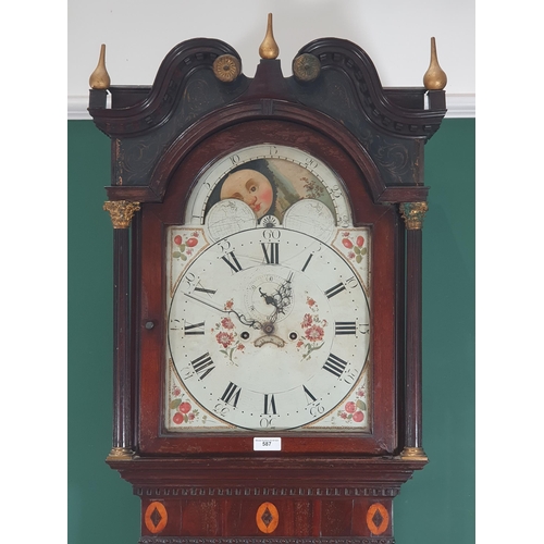 587 - A 19th Century mahogany 8-day Longcase Clock with arched painted moon phase dial (glass broken) A/F ... 