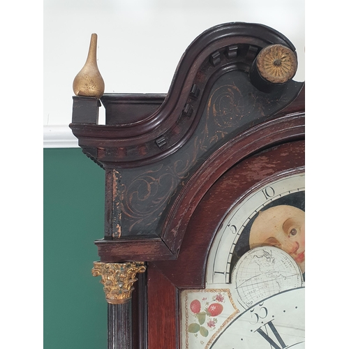 587 - A 19th Century mahogany 8-day Longcase Clock with arched painted moon phase dial (glass broken) A/F ... 