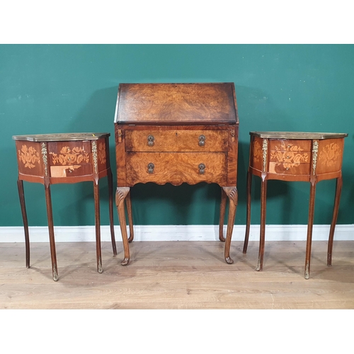 589 - A walnut veneered Bureau fitted two drawers 3ft 2in H x 2ft W (woodworm) and a pair of modern marque... 