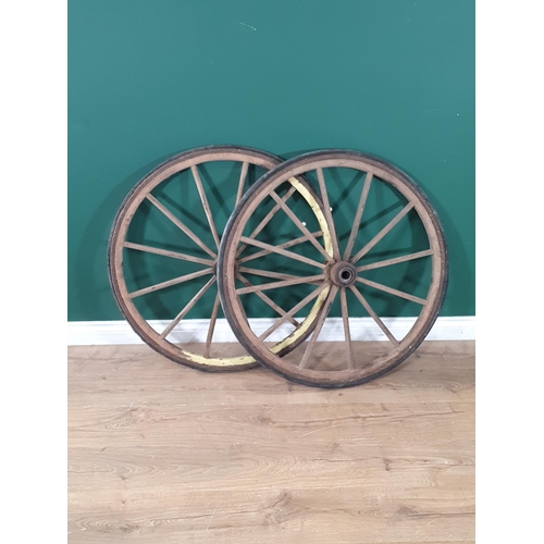 595 - A pair of antique wooden Cart Wheels with rubber tyres 2ft 10in D (R6)