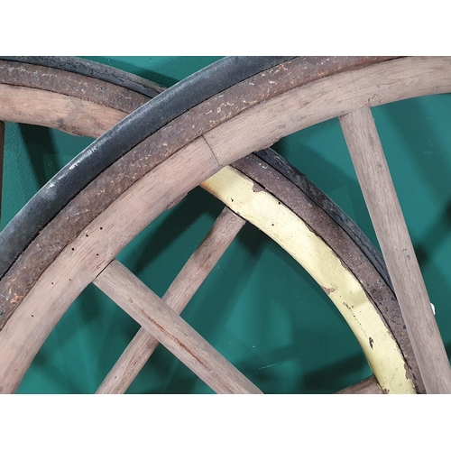 595 - A pair of antique wooden Cart Wheels with rubber tyres 2ft 10in D (R6)