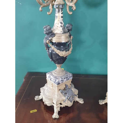 637 - A pair of French style Candelabra with gilded metal sconces and polished stone column and angel hand... 