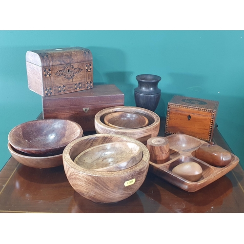 642 - Two inlaid Tea Caddy's, a mahogany Box on bun feet, and a quantity of wooden Bowls, a four division ... 