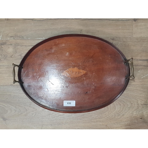 650 - A 19th Century mahogany and shell inlaid oval Tray 1ft 6in W and a silver plated oval Tray with pier... 