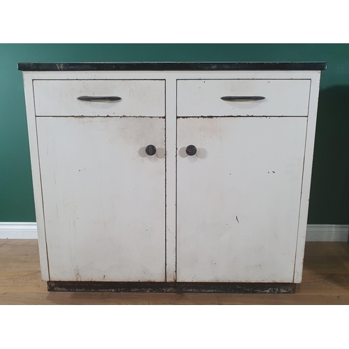 654 - Two white painted metal Cupboards fitted pair of drawers above pair of cupboard doors. A/F (No Backb... 