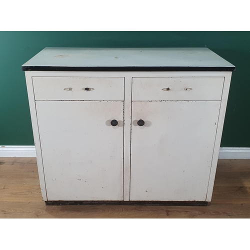 654 - Two white painted metal Cupboards fitted pair of drawers above pair of cupboard doors. A/F (No Backb... 