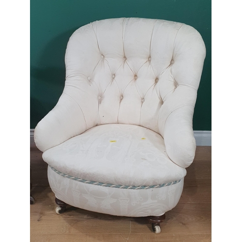 694 - An antique cream button upholstered Chair and a Victorian walnut framed Armchair (R10)