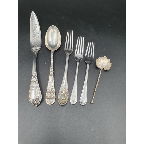 97 - A Victorian silver ornate Knife, Fork and Spoon, Sheffield 1858, 61 and 69, two small Forks and a Co... 