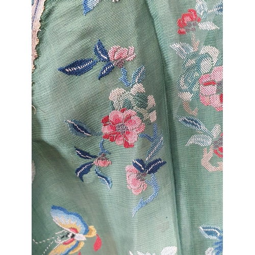 214 - A green Chinese Robe embroidered butterflies and flowers with gilt buttons. (R5)