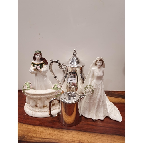 215 - A Coalport Figure of the Queen, 9in H, a Coalport Figure 'Juliet', 9 1/2in H, a plated Coffee Pot an... 