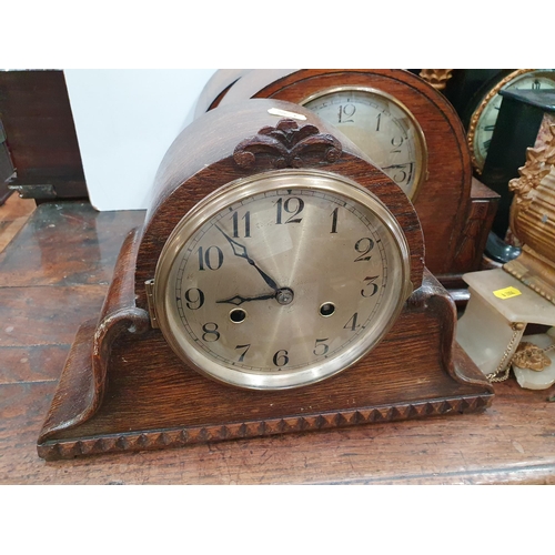 453 - Two Victorian black slate Mantle Clocks, four oak cased Mantle Clocks and a gilded Mantle Clock A/F ... 