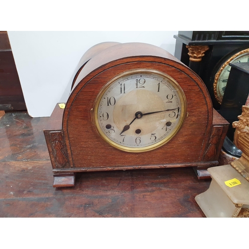 453 - Two Victorian black slate Mantle Clocks, four oak cased Mantle Clocks and a gilded Mantle Clock A/F ... 