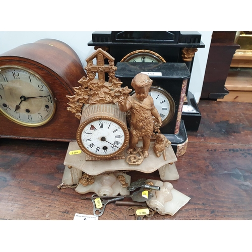 453 - Two Victorian black slate Mantle Clocks, four oak cased Mantle Clocks and a gilded Mantle Clock A/F ... 