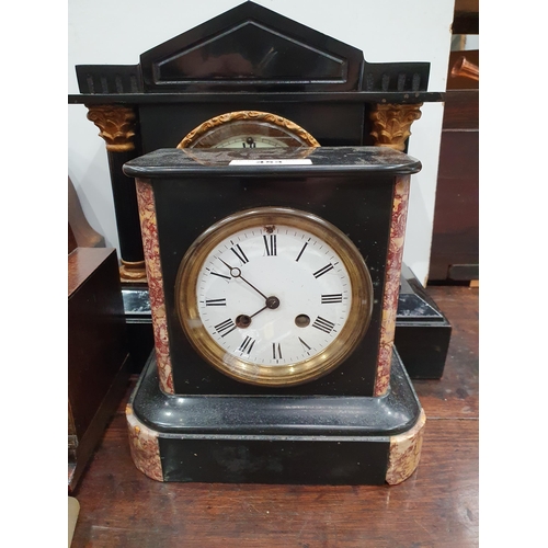 453 - Two Victorian black slate Mantle Clocks, four oak cased Mantle Clocks and a gilded Mantle Clock A/F ... 