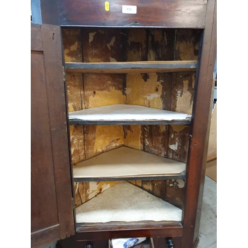 573 - An antique oak hanging Corner Cupboard fitted fielded panel door above three drawers 3ft 8in H x 2ft... 