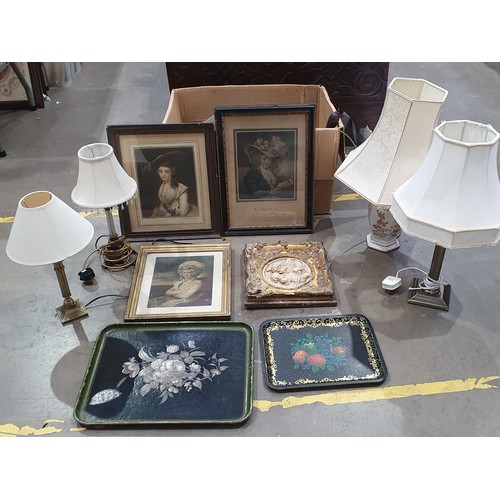 324 - Seven various Table Lamps (passed PAT), framed Prints, Trays, a framed relief moulding, (R40)