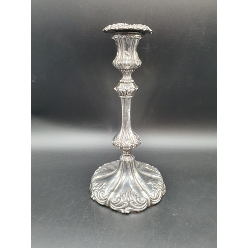 76 - A George III style silver plated Candlestick with knopped stem on leafage scroll decorated circular ... 