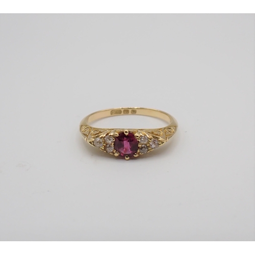 166 - A Victorian Ruby and Diamond Ring claw-set oval-cut ruby between trios of pavé-set old-cut diamonds ... 