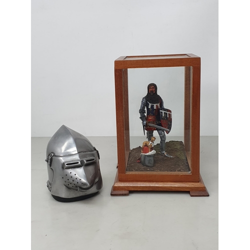 683 - A miniature Figure of a Knight, a miniature Pigface Basconet Helmet and a miniature Shield with Weap... 