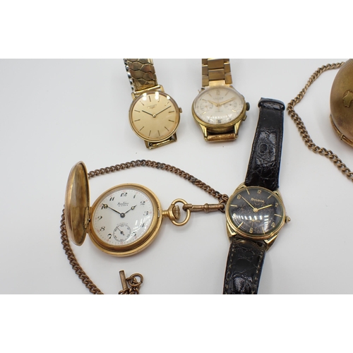 151 - Two Hunter Pocket Watches marked Pilot and Bentima in gold plated cases with gilt metal Watch Albert... 