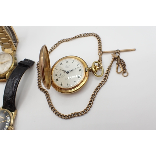 151 - Two Hunter Pocket Watches marked Pilot and Bentima in gold plated cases with gilt metal Watch Albert... 