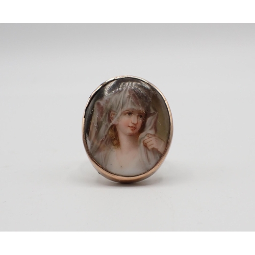 164 - A painted miniature Portrait Ring depicting girl in a veil on porcelain, stamped 9ct, ring size R 1/... 