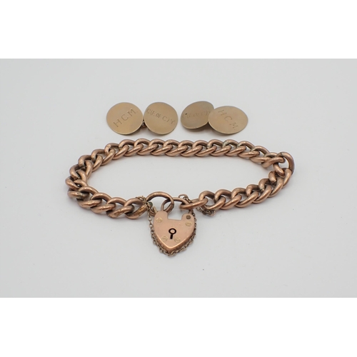 177 - A 9ct gold curb link Bracelet with padlock fastener and a pair of 9ct gold oval Cufflinks engraved i... 