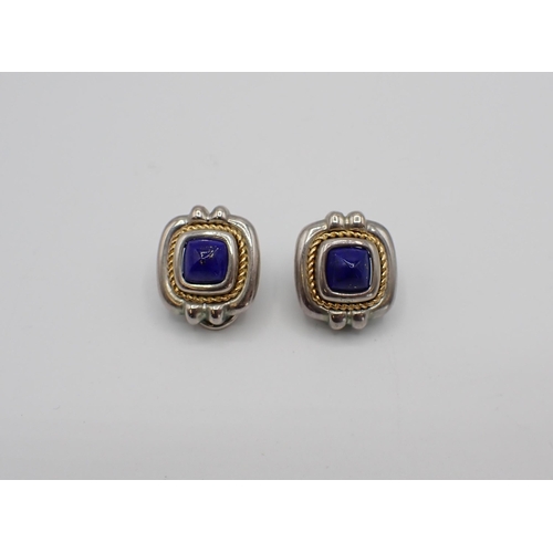 178 - TIFFANY & CO: A pair of silver and gold Lapis Lazuli Ear Clips collet-set with cushion shaped lapis ... 