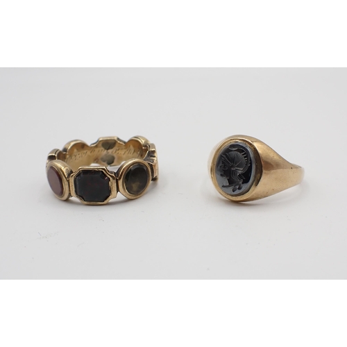 183 - A Georgian Ring set hardstones A/F and a 9ct gold Signet Ring set intaglio carved hematite, ring siz... 