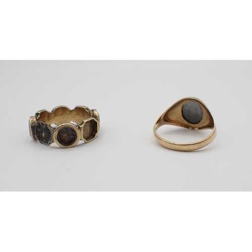 183 - A Georgian Ring set hardstones A/F and a 9ct gold Signet Ring set intaglio carved hematite, ring siz... 