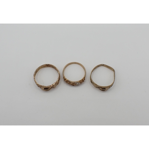 191 - Three 9ct gold Buckle Rings, one set two small diamonds, approx 10.20gms